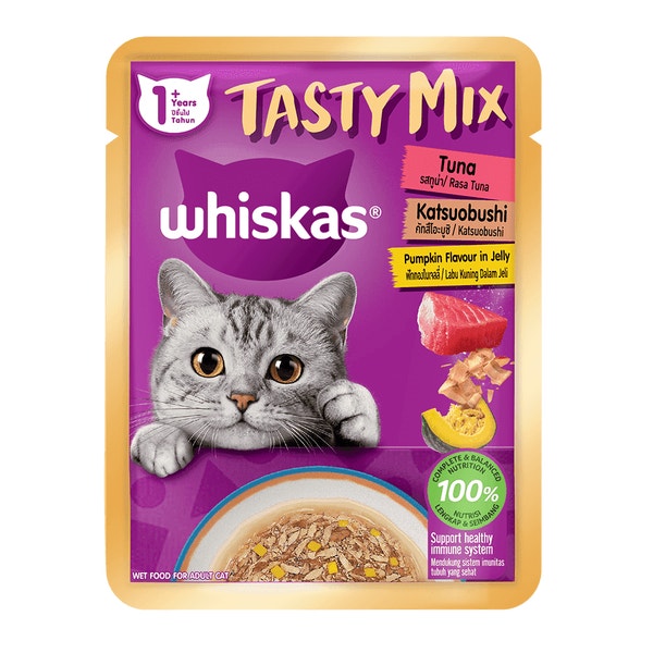 WHISKAS® Tasty Mix 1+ Tahun Rasa Tuna Katsuobushi Labu Kuning Dalam Jeli image 1