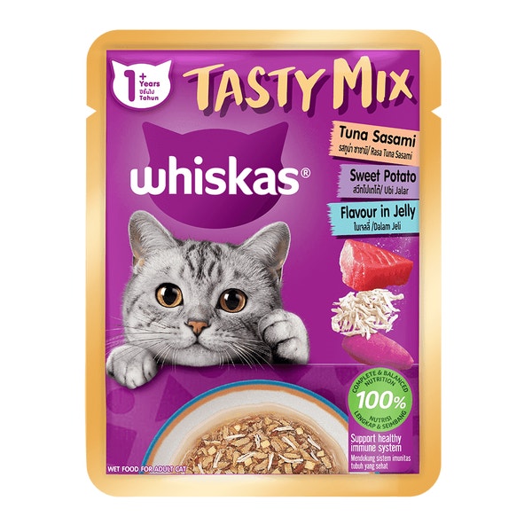 WHISKAS® Tasty Mix 1+ Tahun Rasa Tuna Sasami Ubi Keledek Dalam Jeli image 1