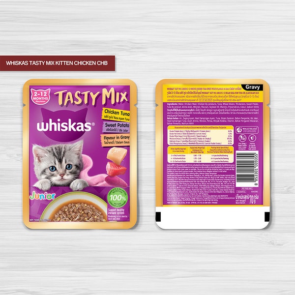 WHISKAS® Tasty Mix Junior 2-12 Bulan Rasa Ayam Tuna Ubi Keledek Dalam Kuah image 3