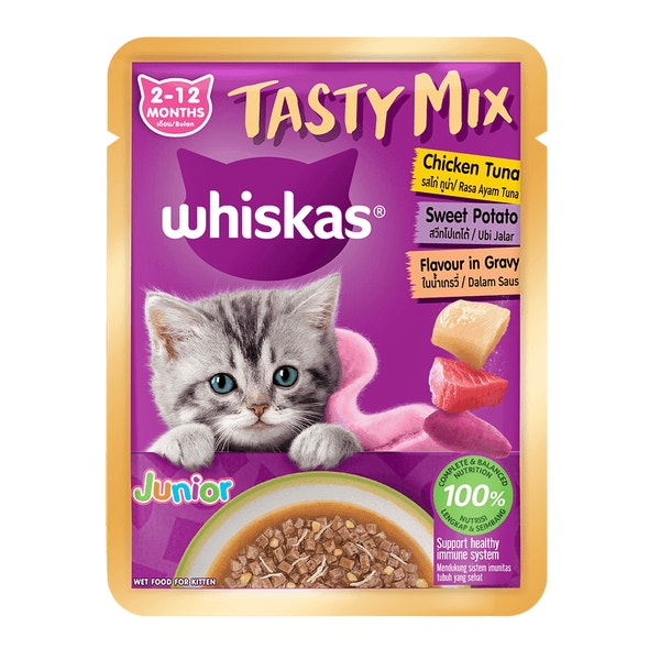 WHISKAS® Tasty Mix Junior 2-12 Bulan Rasa Ayam Tuna Ubi Keledek Dalam Kuah image 1