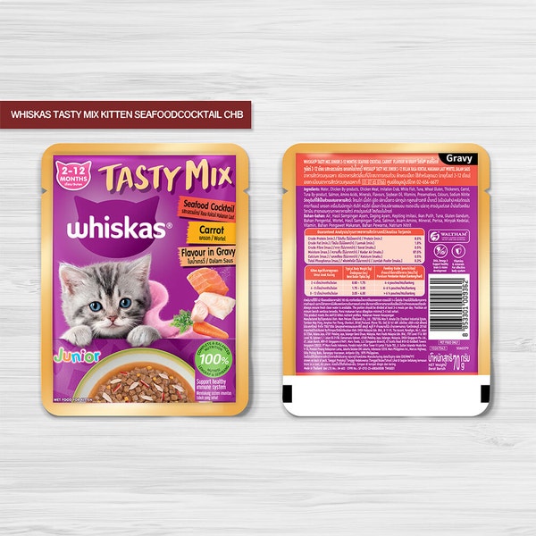 WHISKAS® Tasty Mix Junior 2-12 Bulan Rasa Koktail Makanan Laut Lobak Merah Dalam Kuah image 3