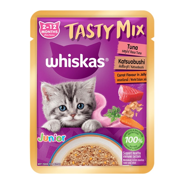 WHISKAS® Tasty Mix 2-12 Bulan Rasa Tuna Katsuobushi Lobak Merah Dalam Jeli image 1